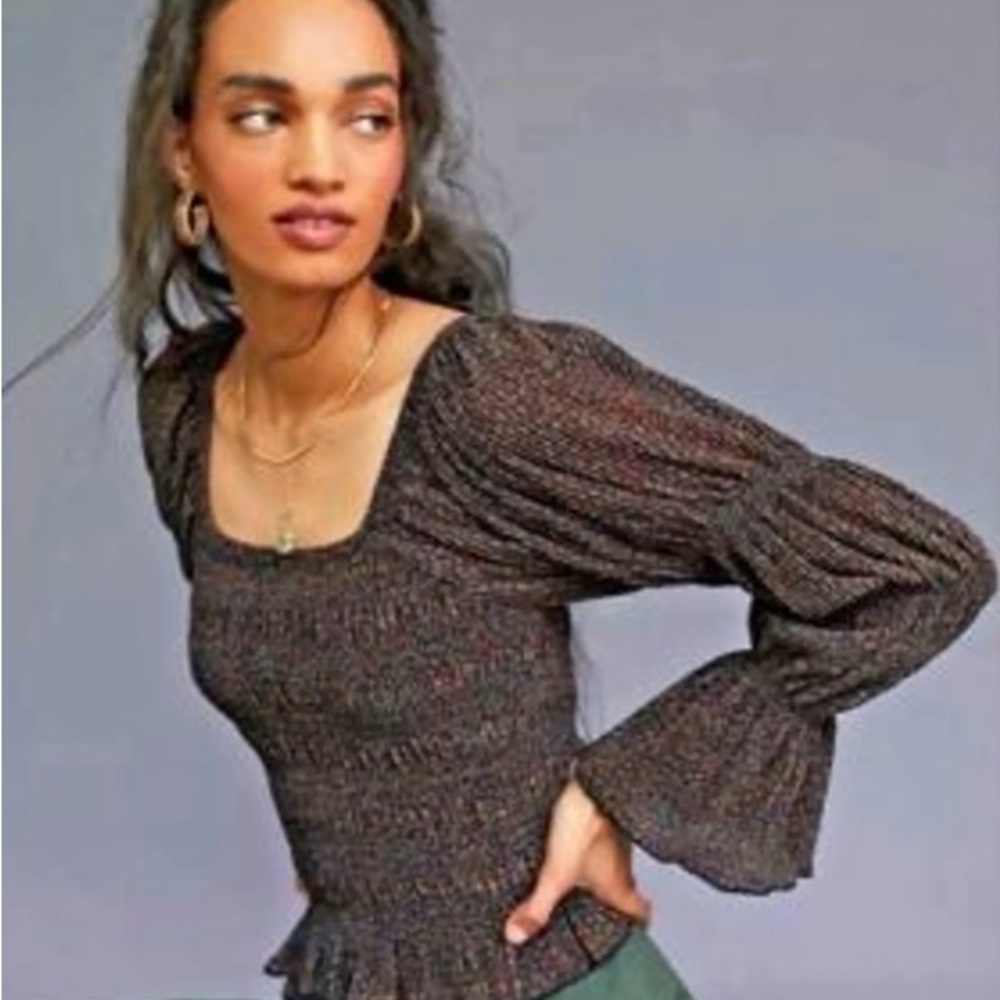 Anthropologie Brown Metallic Smocked Puff Sleeved Juliet Top Medium